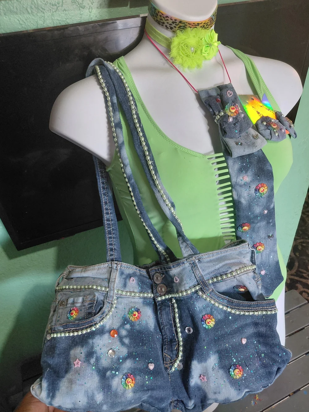 Wallflower Denim Tote with Decorative Embellishments - Green/Blue